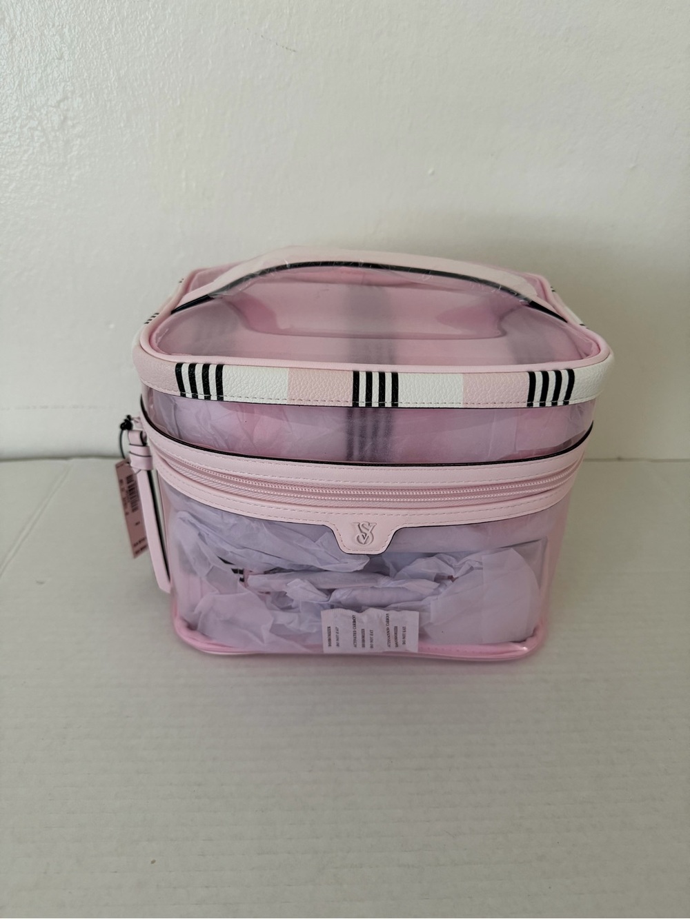 Victoria's Secret 4-piece Makeup Bag Train Case Iconic Pink Heritage Striped NWT